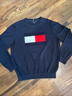 Tommy Hilfiger Navy Crewneck Sweater with Red & White Logo Panel